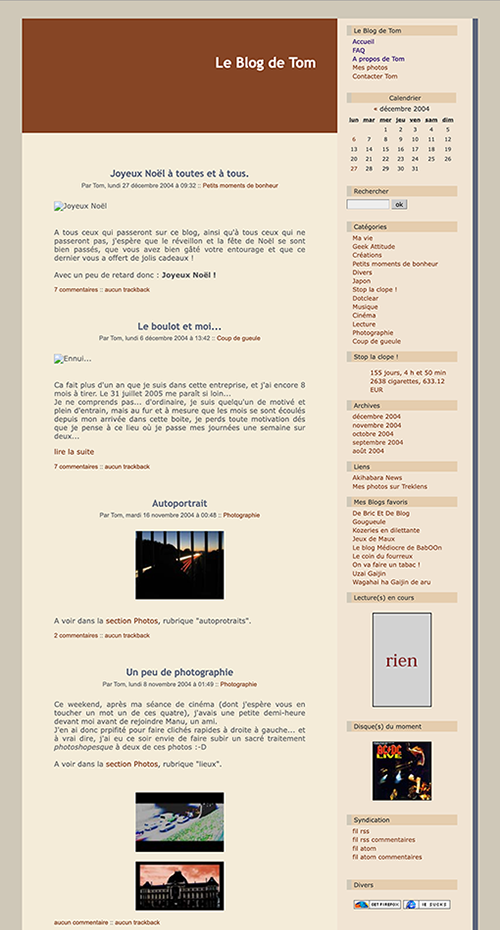 A December 2004 screenshot of my first blog, with some images missing