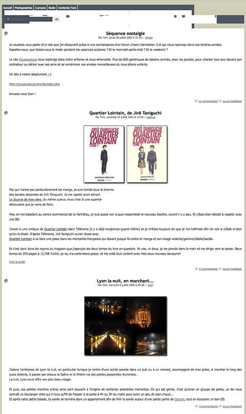 A July 2005 screenshot of my second blog. Also found via the Wayback Machine, also with some images missing
