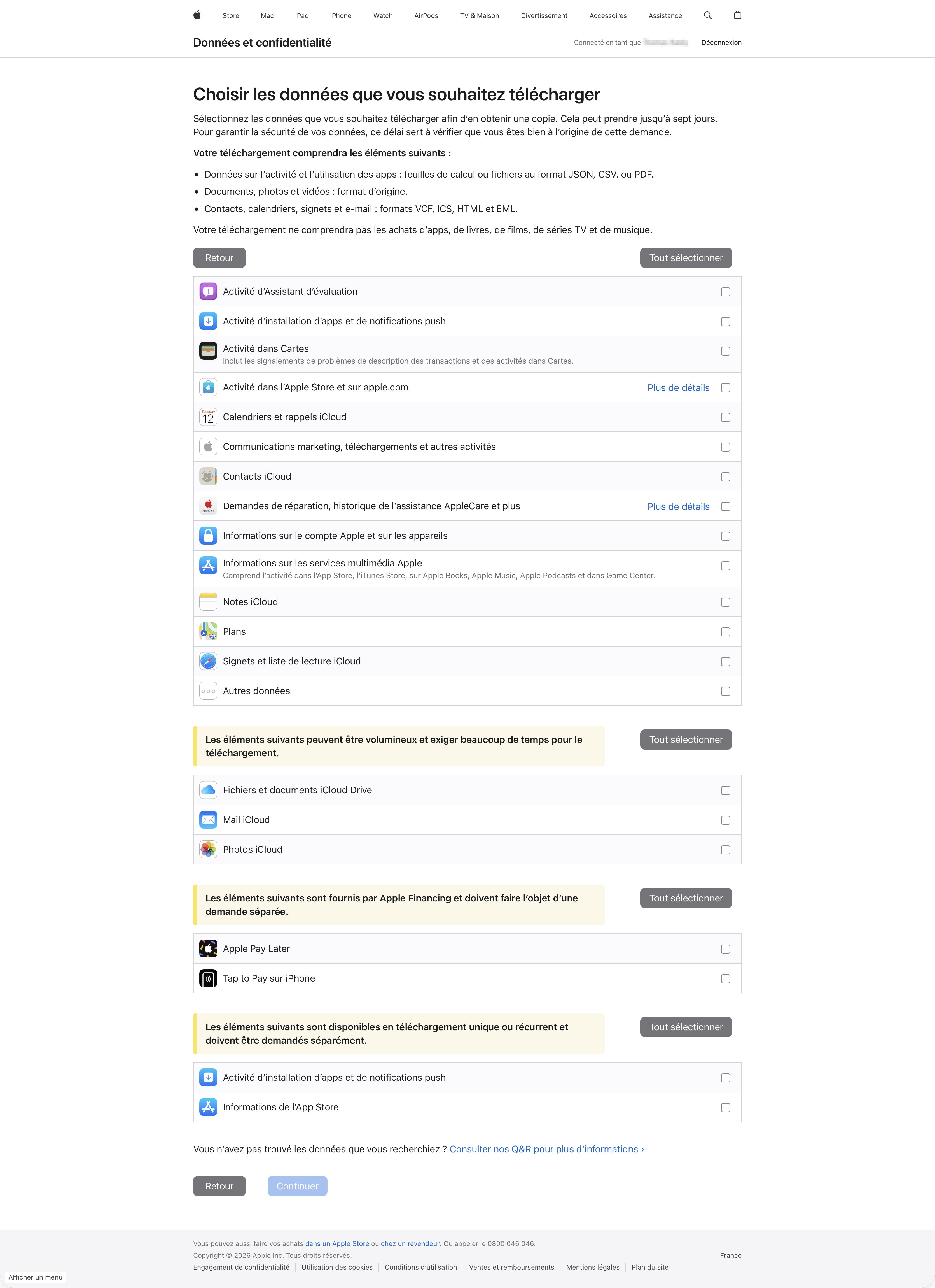 A screenshot of Apple’s data request page