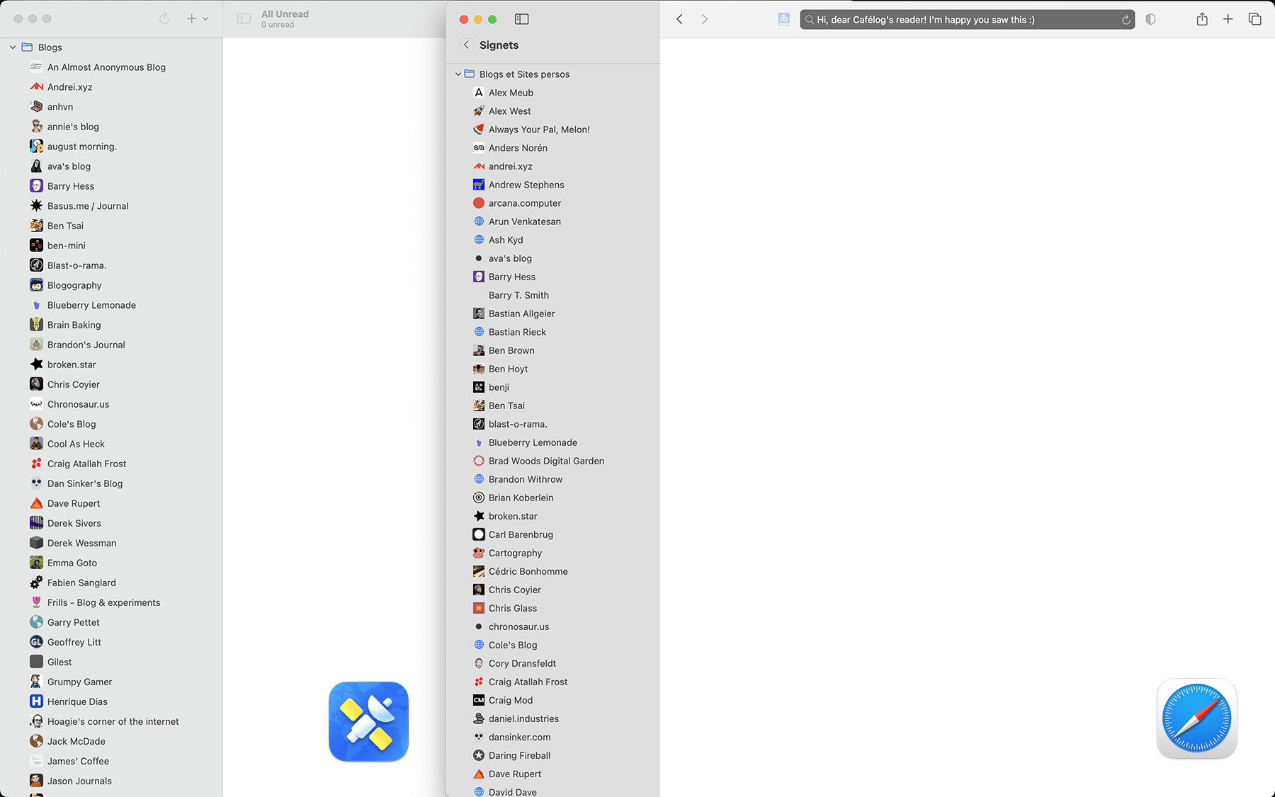 NetNewsWire (left) and Safari (right): two different ways to read blogs.