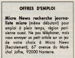 Offre d'emploi de Micro News pour un journaliste micro en avril 1989