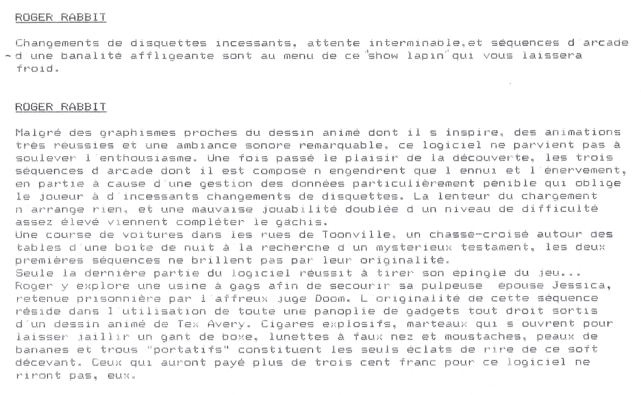 Le scan du test du jeu Roger Rabbit, écrit par Marcus en 1989