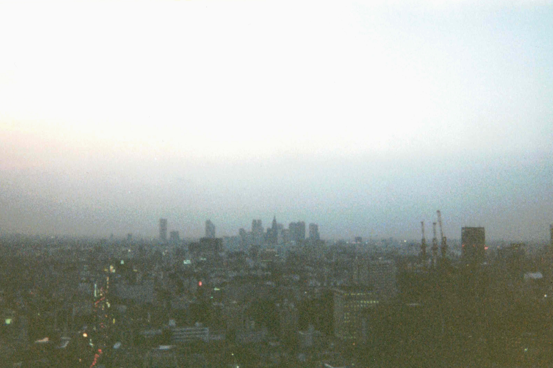 Shinjuku hazily on the horizon, the twin Tokyo Metropolitan Government towers are just visible, with the pointed NTT DoCoMo Yoyogi Building in front.